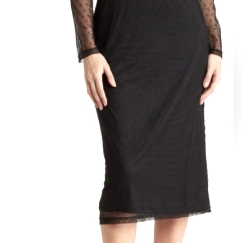 Mesh Mock Neck Long Sleeve Ruched Midi Dress